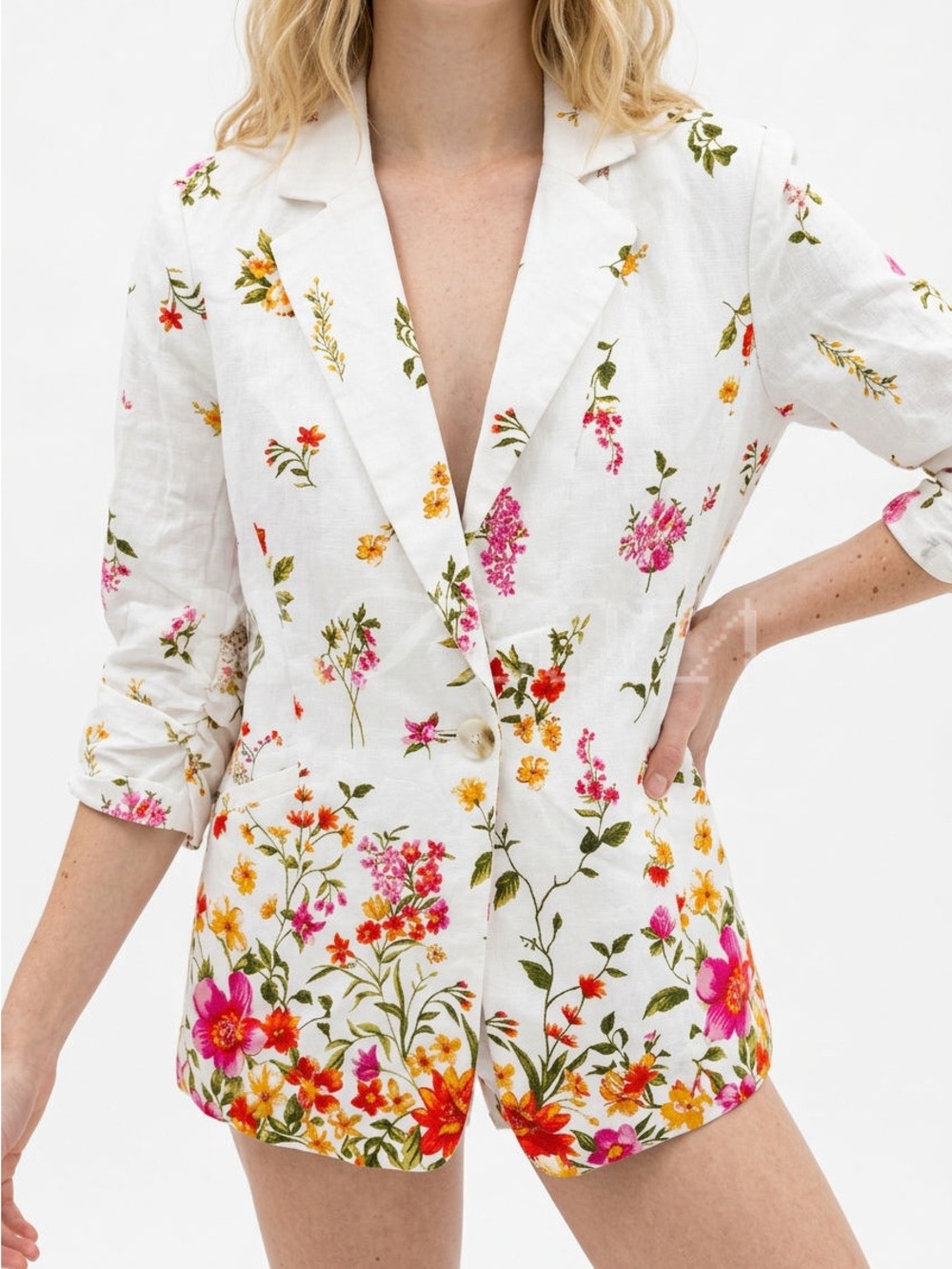 Aqua White Floral Linen Blazer with Pink & Orange Blooms